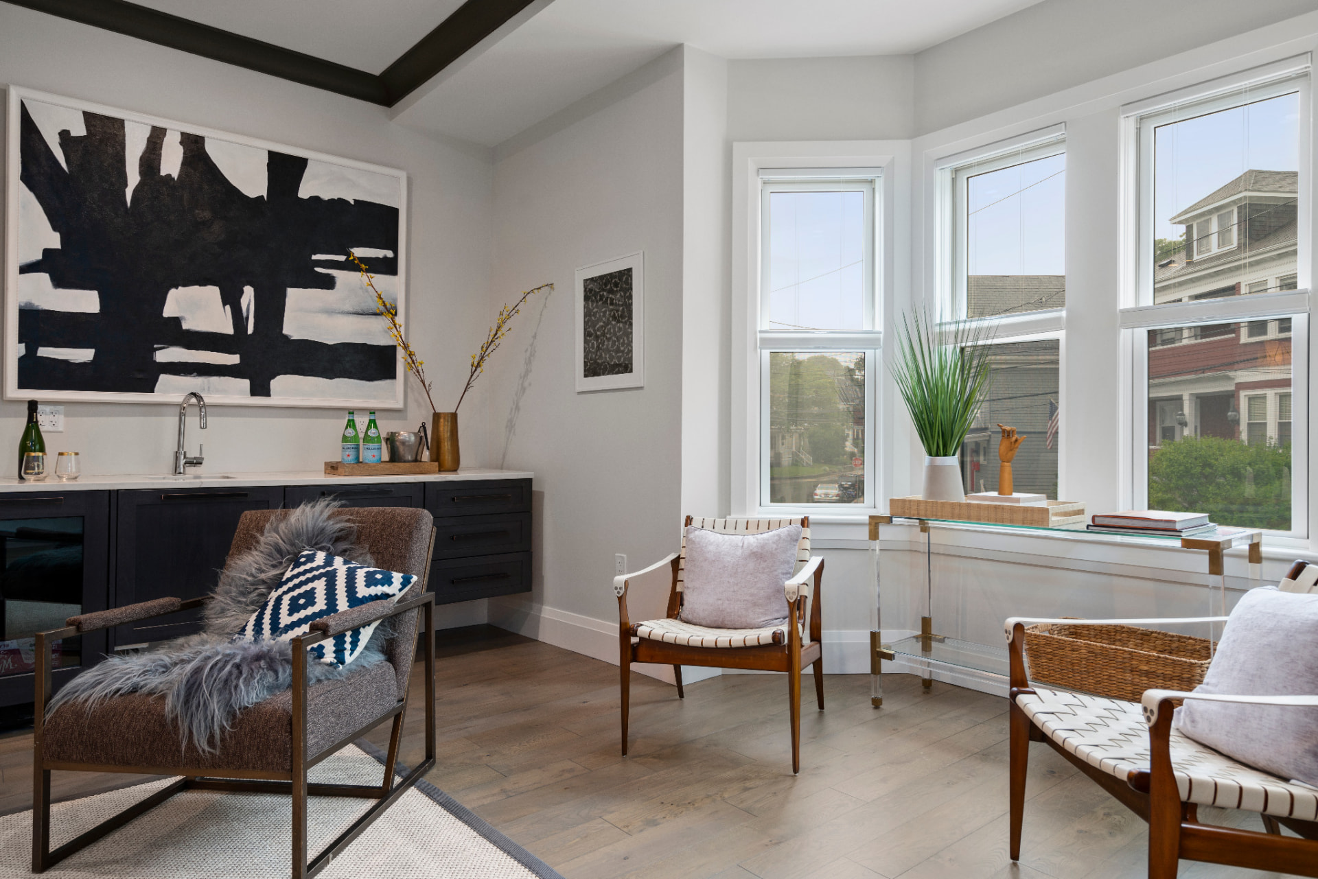 Sitting nook with crisp white walls and painted window trim